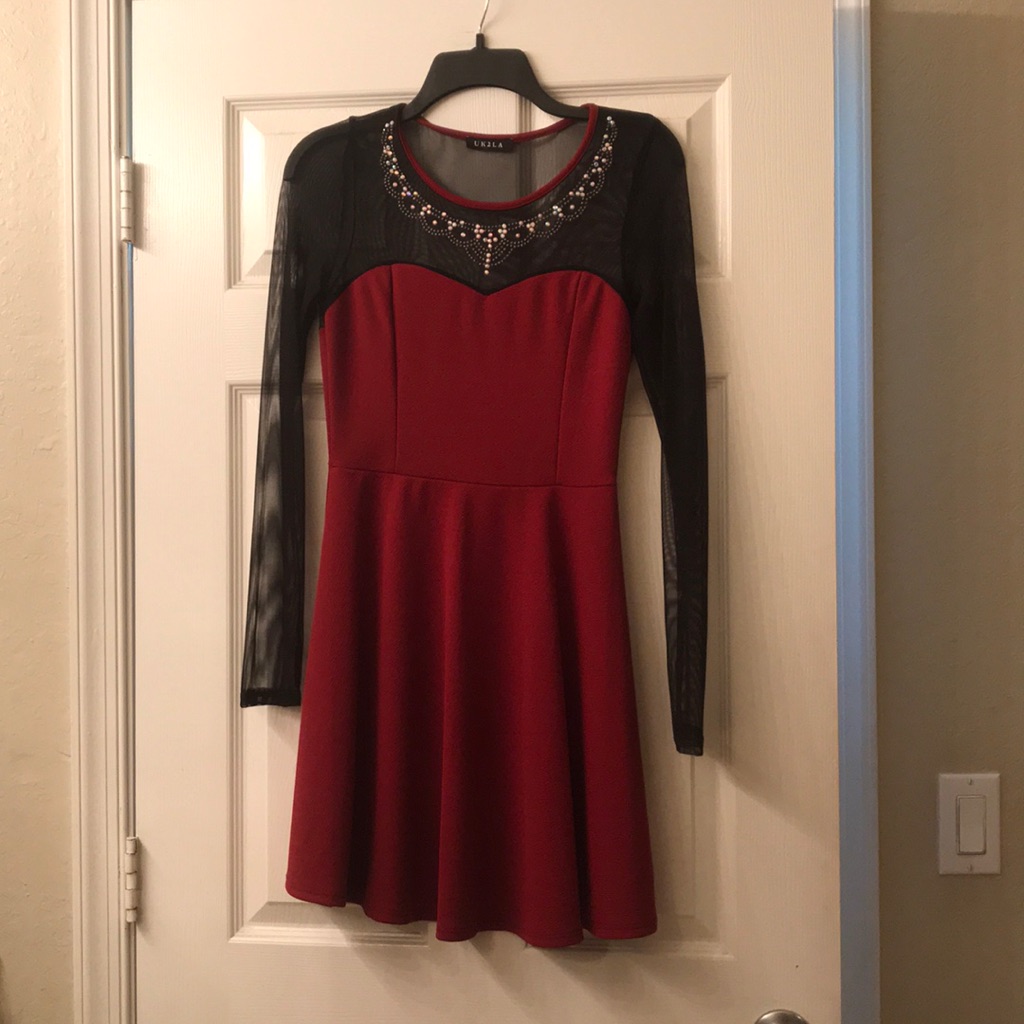 Red Rhinestone Long Sleeve Dress